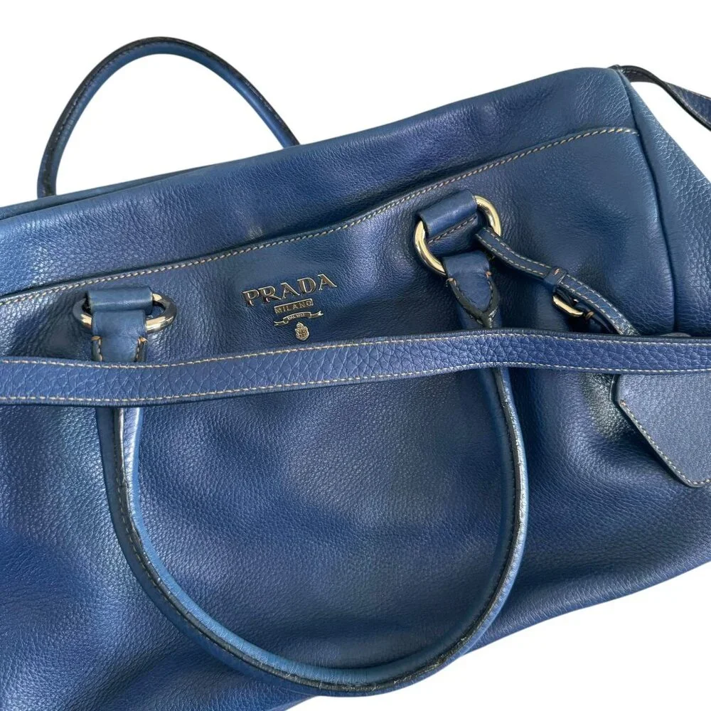 Prada Vitello Daino Baulette Cobalto w/ Crossbody Strap Leather Tote - Picture 8 of 13